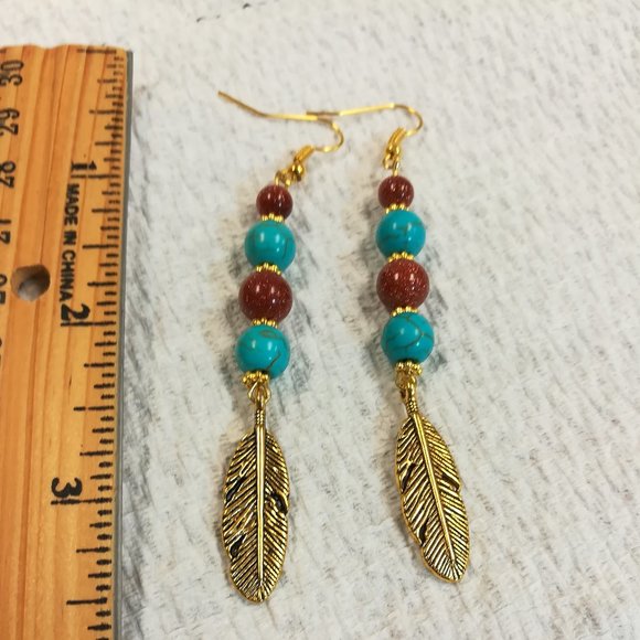 Gold Sandstone and Faux Turquoise Dangle Earrings with Antique Gold Feather - Picture 6 of 7